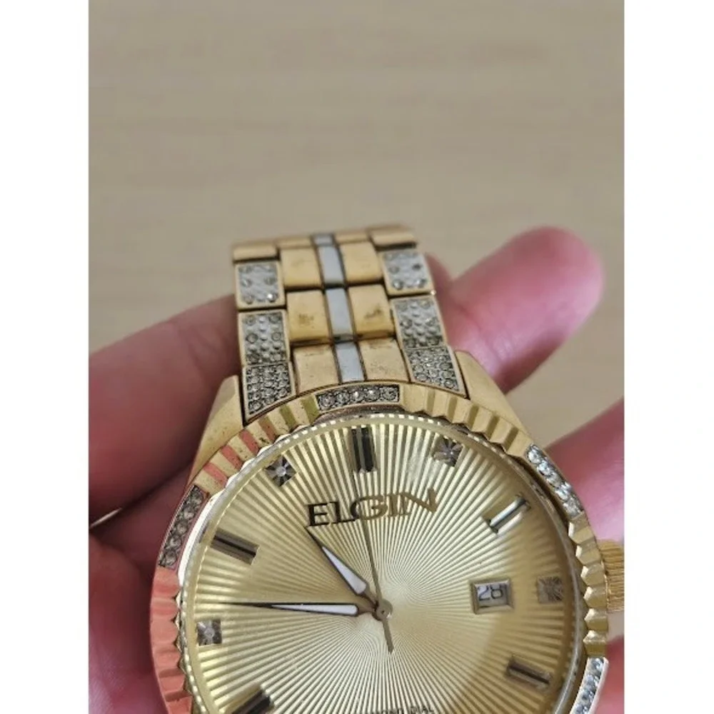 Elgin Men Gold Tone Crystal Watch and Bracelet Set Stainless Steel Analog
